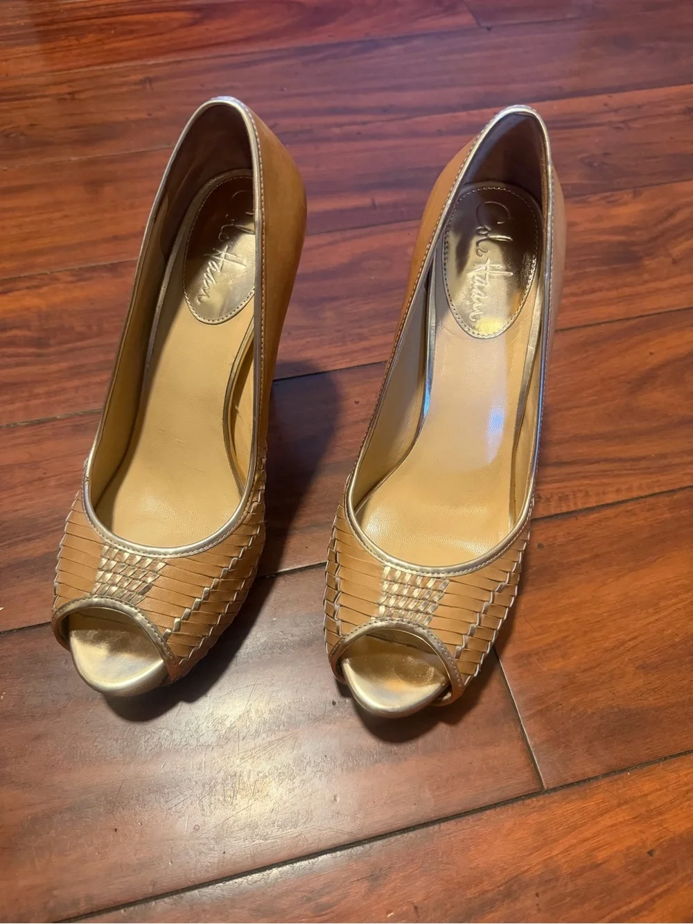 Cole Haan Woven Tan Peep-Toe High Heels - Picture 9 of 10